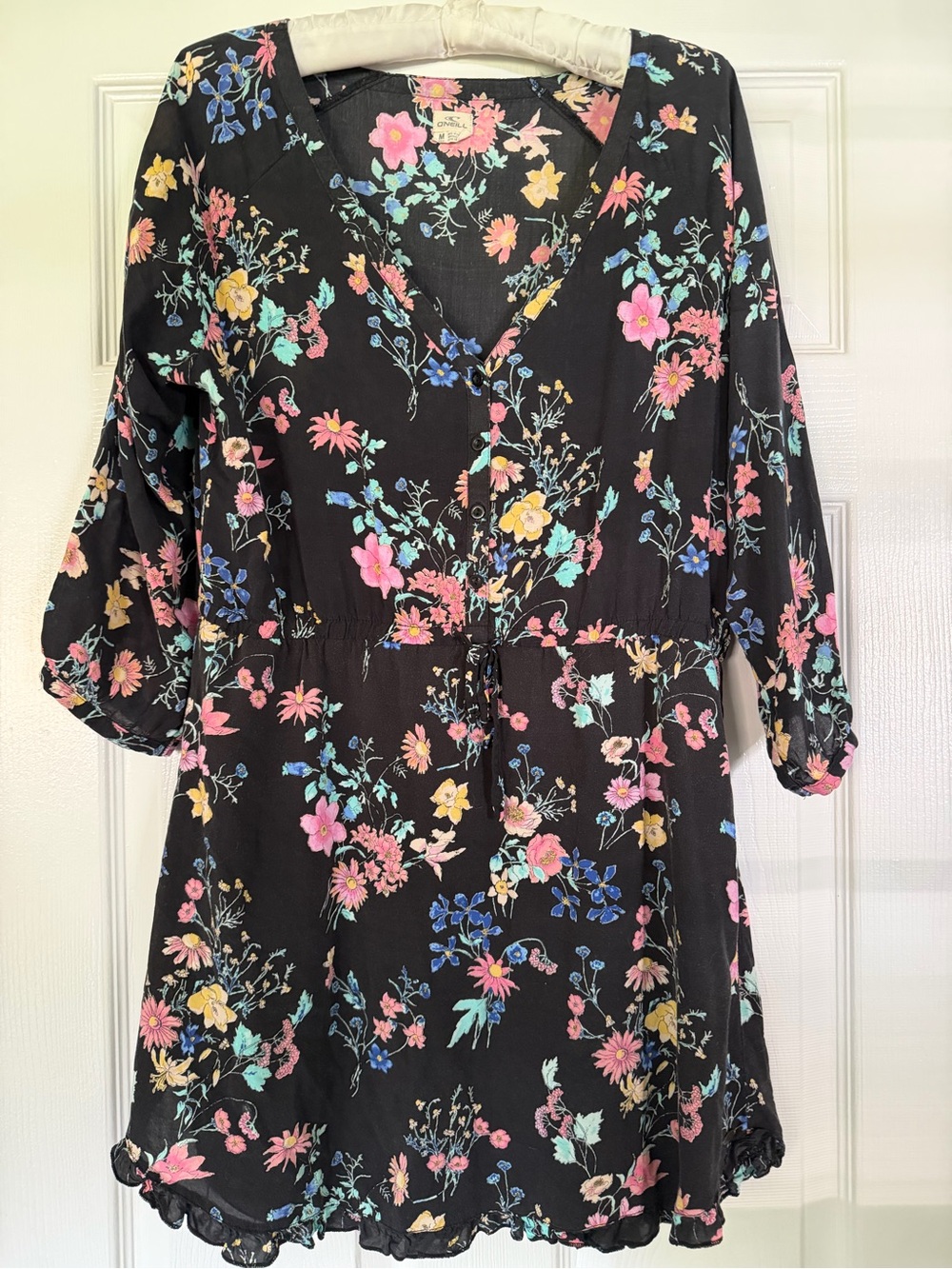 O'Neill Black Mini Dress with Pastel Floral Print